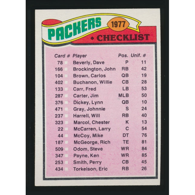 1977 Topps Football #210 Green Bay Packers Checklist (Nrmt+) c05030