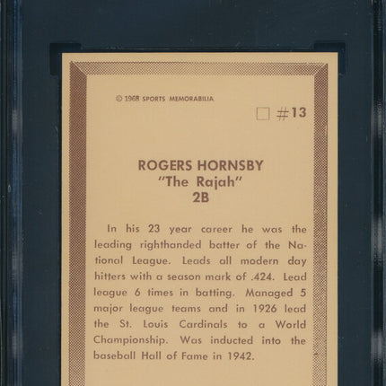 1968 Sports Memorabilia Baseball #13 Rogers Hornsby SGC 9 MT p03046 Low Pop