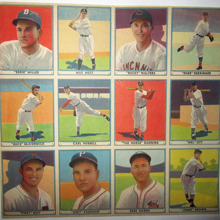 1941 Playball Paper Uncut Sheet of 12 with 3 Hall of Famers Vg