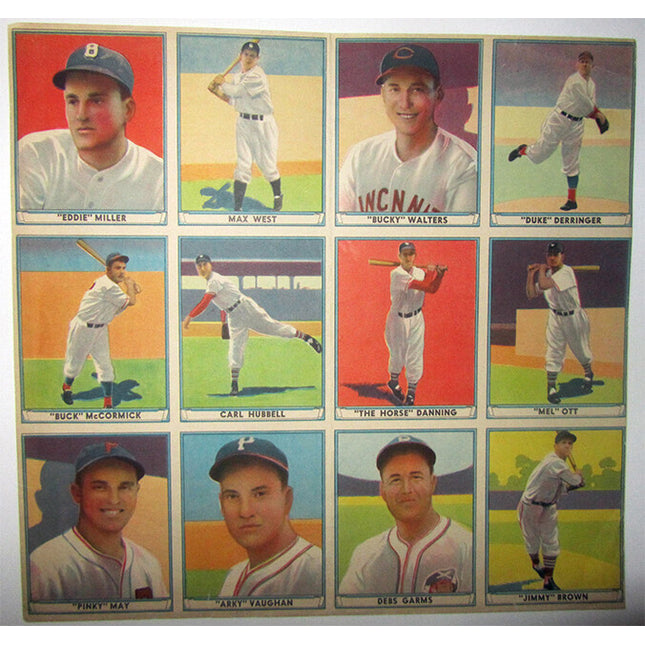 1941 Playball Paper Uncut Sheet of 12 with 3 Hall of Famers Vg