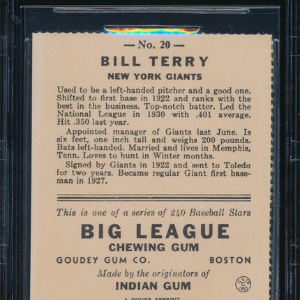 1933 Goudey Reprint Baseball #20 Bill Terry Autograph Beckett Authentic p03144