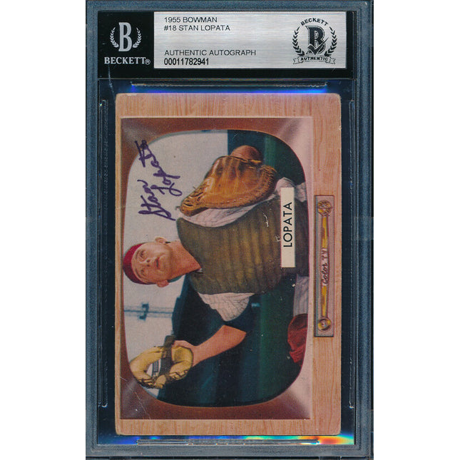 1955 Bowman Baseball #18 Stan Lopata autographed Beckett Authentic p03129