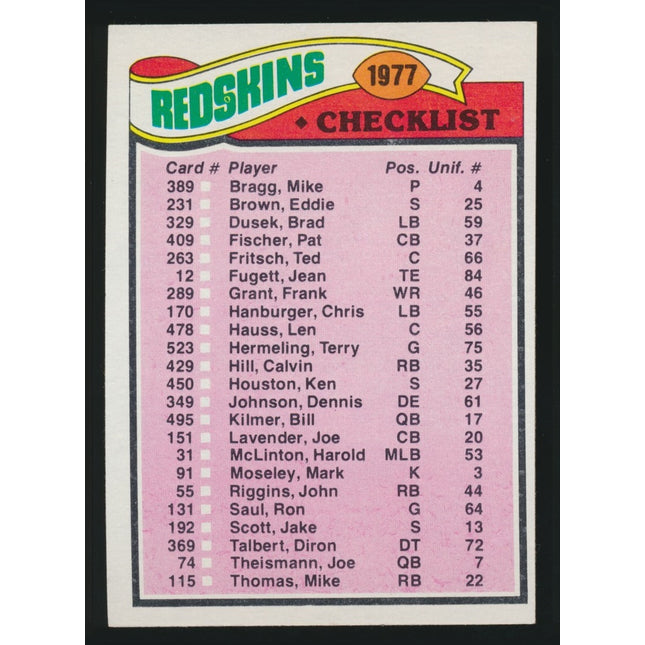1977 Topps Football #228 Washington Redskins Checklist (Nrmt/Mt) c05023