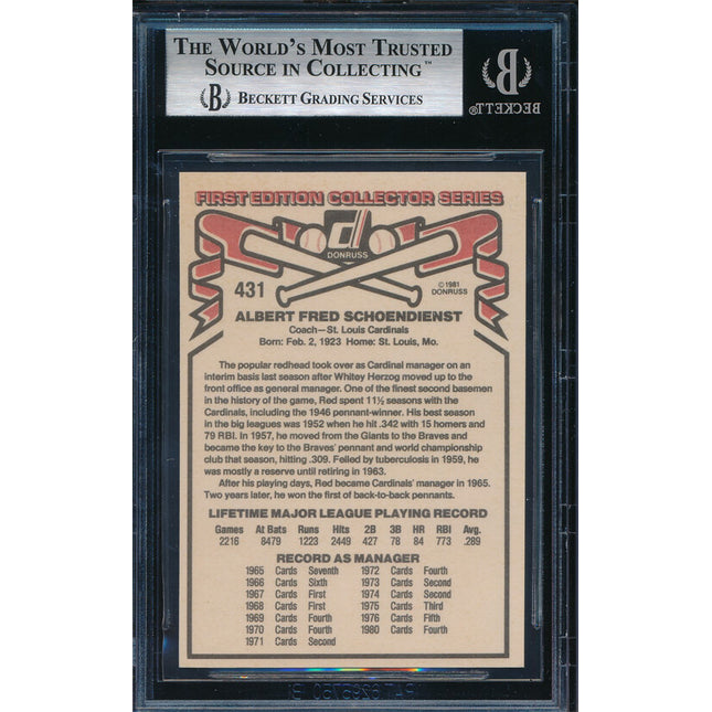 1981 Donruss Baseball #431 Red Schoendienst Autographed Beckett Authentic p03152