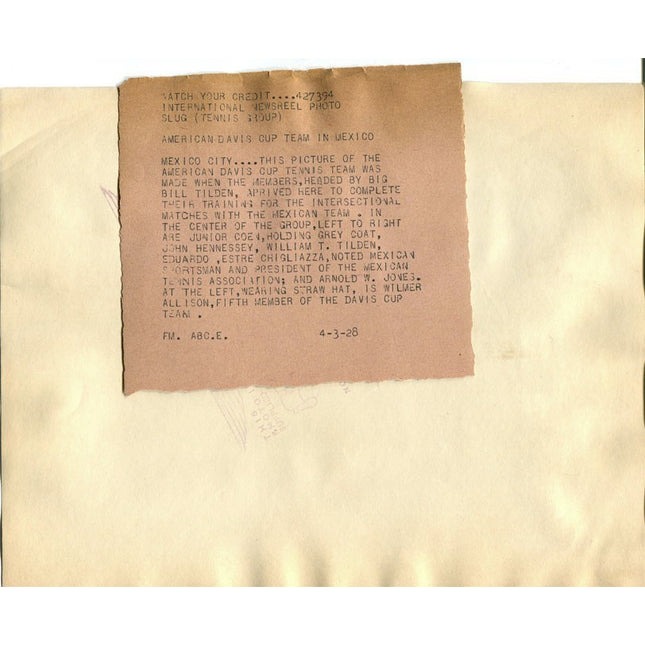 4_3_1928 Bill tilden and Davis Cup Team Type 1 Original Photo a_208