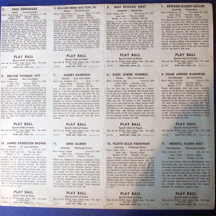 1941 Playball Paper Uncut Sheet of 12 with 3 Hall of Famers Vg