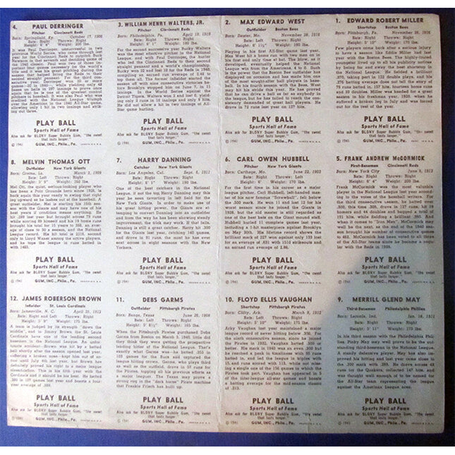 1941 Playball Paper Uncut Sheet of 12 with 3 Hall of Famers Vg