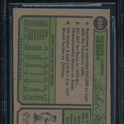 1974 Topps Baseball #450 Rich Hebner Autographed Beckett Authentic p03195