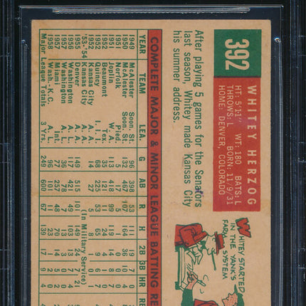 1959 Topps Baseball #392 Whitey Herzog Autographed Beckett Authentic p03199