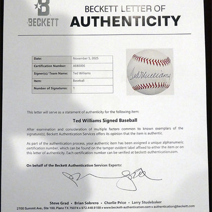 Beckett Letter of Authenticity for a Ted Williams signed baseball