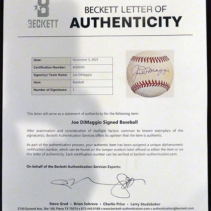 Beckett Letter of Authenticity for a Joe DiMaggio signed baseball
