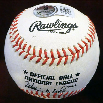 A gorgeous ball that is snow white and has a nearly perfect blue ball point pen signature on the sweet spot. Ball is 9+/10 and Signature is also 9+/10.