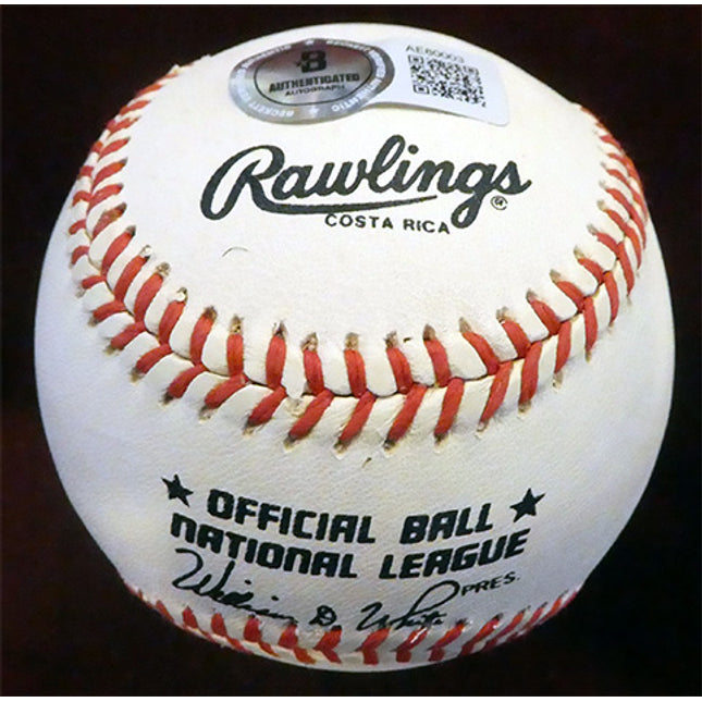 A gorgeous ball that is snow white and has a nearly perfect blue ball point pen signature on the sweet spot. Ball is 9+/10 and Signature is also 9+/10.