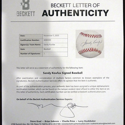 Beckett Letter of Authenticity for a Sandy Koufax signed baseball