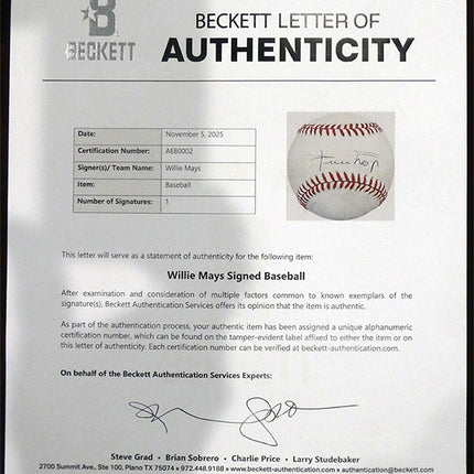 Beckett Letter of Authenticity for a Willie Mays signed baseball