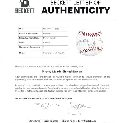 Beckett Letter of Authenticity for a Mickey Mantle signed baseball
