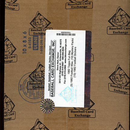 Box with a label for Baseball Card Exchange on a brown background
