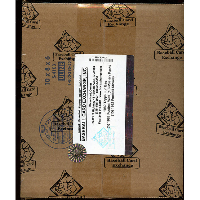 Box with a label for Baseball Card Exchange on a brown background