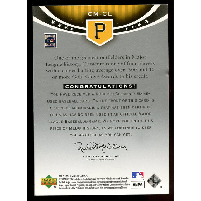 2007 Sweet Spot Classic Roberto Clemente  CM-CL Classic Memorabilia