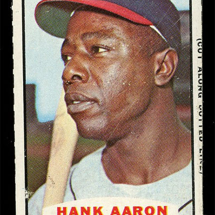 Baseball trading card of Hank Aaron with a bat, featuring his name and team on a black border.