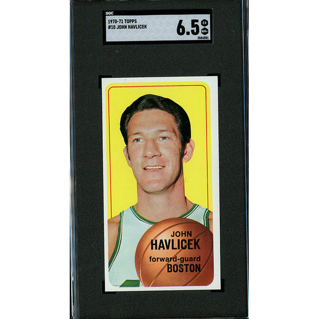 Vintage basketball trading card of John Havlicek with a yellow border and black text.