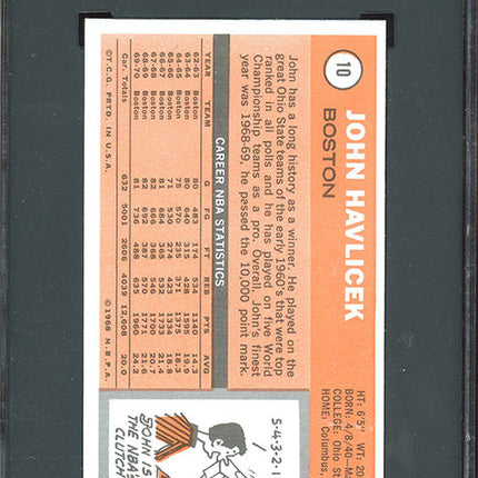 Baskeball trading card of John Havlicek with statistics and a graphic on a dark background