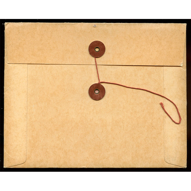 Brown paper envelope with string closure on a matching brown background