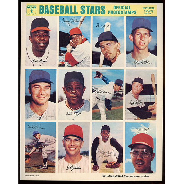 1969 Baseball stars photostamps with various players in different poses on a vintage-style card.