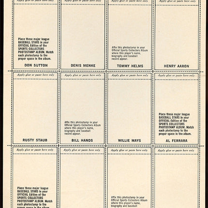 1969 MLB PhotoStamps series 7 Uncut Sheet