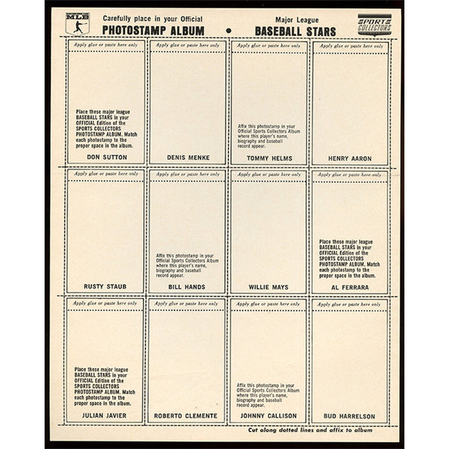 1969 MLB PhotoStamps series 7 Uncut Sheet