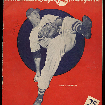 Baseball souvenir from 1946 featuring the Boston Red Sox, American League Champions, with a red cover and black and white illustration.