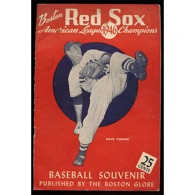 Baseball souvenir from 1946 featuring the Boston Red Sox, American League Champions, with a red cover and black and white illustration.