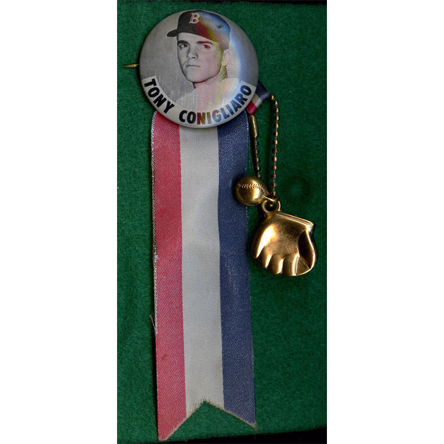 Button badge with a portrait of  baseball player Tony Conigliaro and a ribbon on a green background
