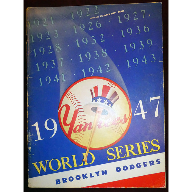 1947 World Series program cover featuring Yankees and Dodgers logos.