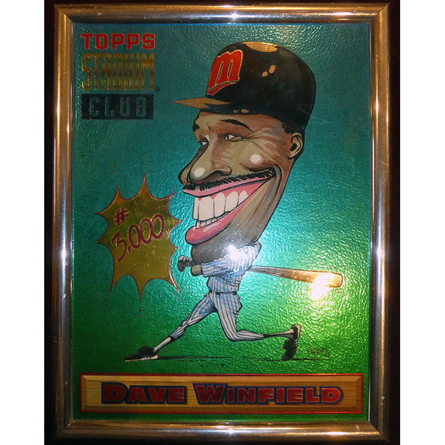1994 Topps finest Dave Winfield Prototype. Depicts a caricature baseball card of Dave Winfield with a green background and gold accents.