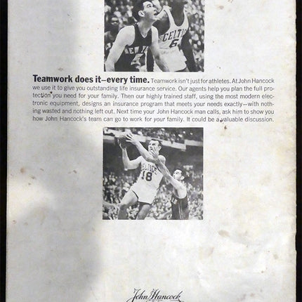 John Hancock Life Insurance advertisement featuring basketball players and text about teamwork.