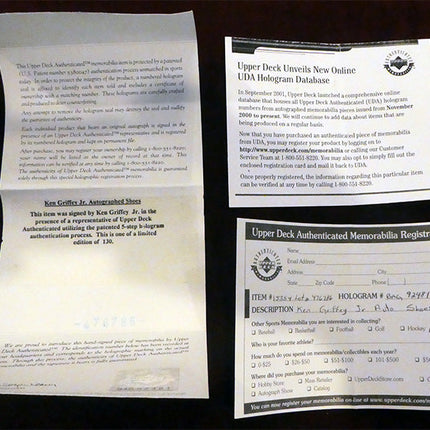 Upper Deck Authentication Paperwork for Ken Griffey Jr. Autographed cleats.