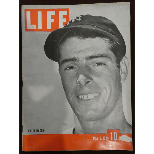 May 1, 1939 Life magazine Joe Dimaggio cover. A great cover photo on this 1st Life Magazine Cover for Joltin' Joe. Cover has paper loss at lower right.