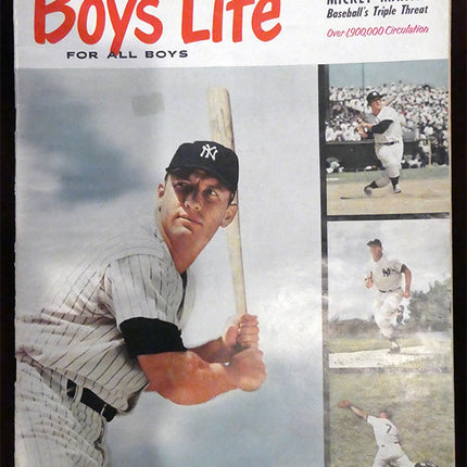 Magazine cover featuring Mickey Mantle with text 'Boys' Life' and 'Mickey Mantle Baseball's Triple Threat'.