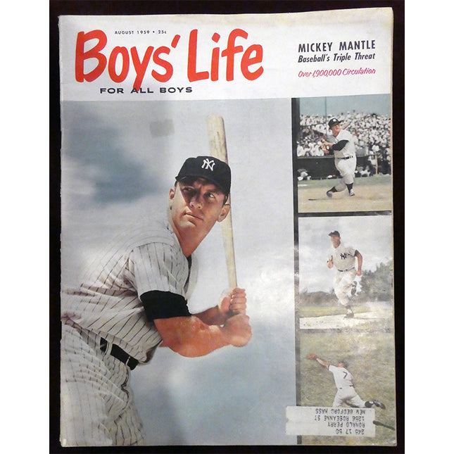 Magazine cover featuring Mickey Mantle with text 'Boys' Life' and 'Mickey Mantle Baseball's Triple Threat'.