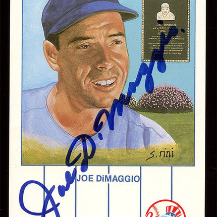Baseball postcard of Joe DiMaggio with autograph and New York Yankees logo