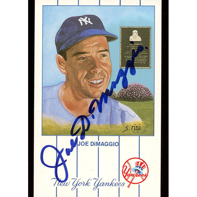 Baseball postcard of Joe DiMaggio with autograph and New York Yankees logo