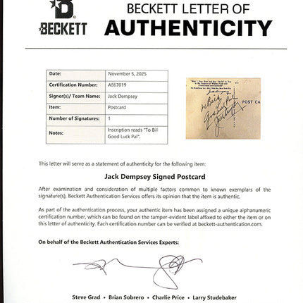 Beckett Letter of Authenticity for a Jack Dempsey signed postcard
