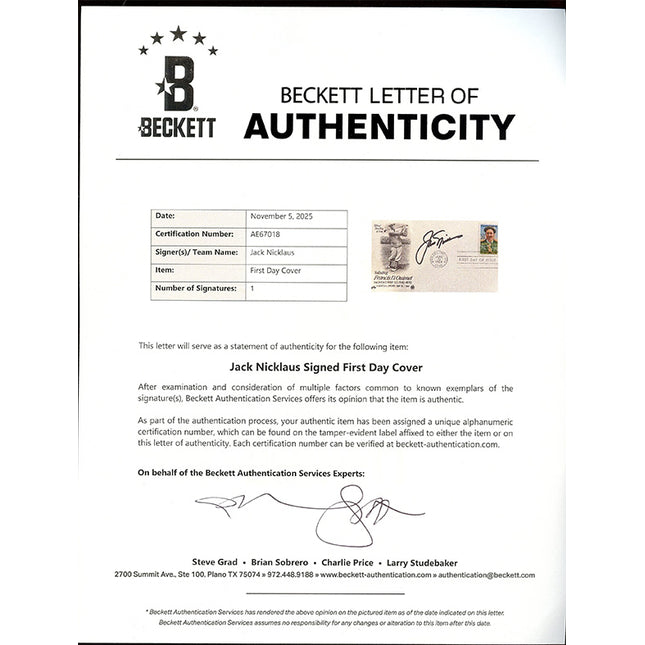 Jack Nicklaus Autographed Francis Ouimet 1st Day Cover Postal Cachet