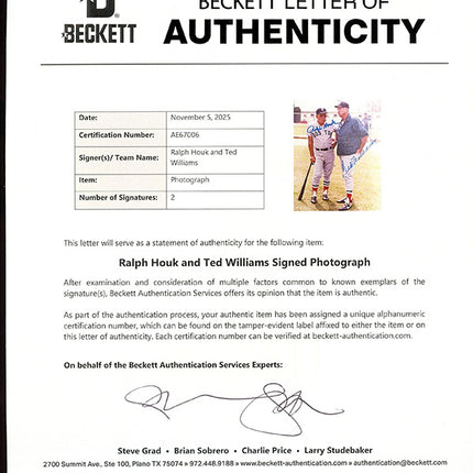 Beckett Letter of Authenticity for a signed photograph by Ralph Houk and Ted Williams