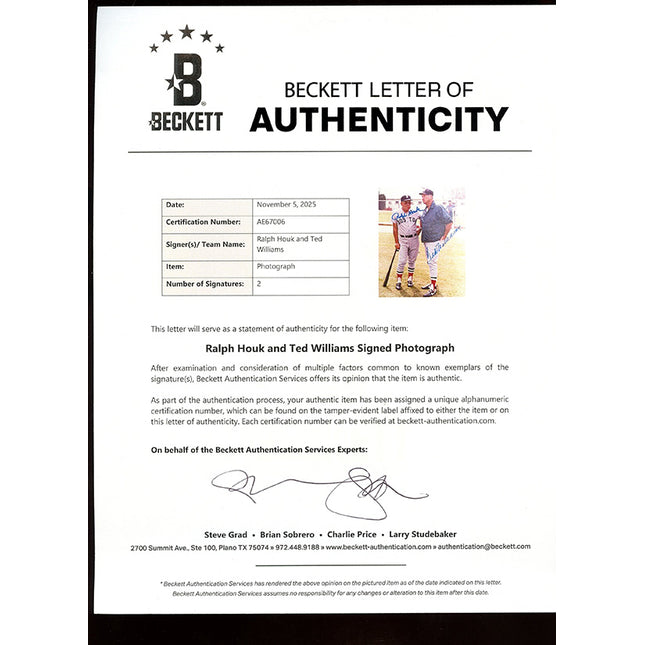 Beckett Letter of Authenticity for a signed photograph by Ralph Houk and Ted Williams