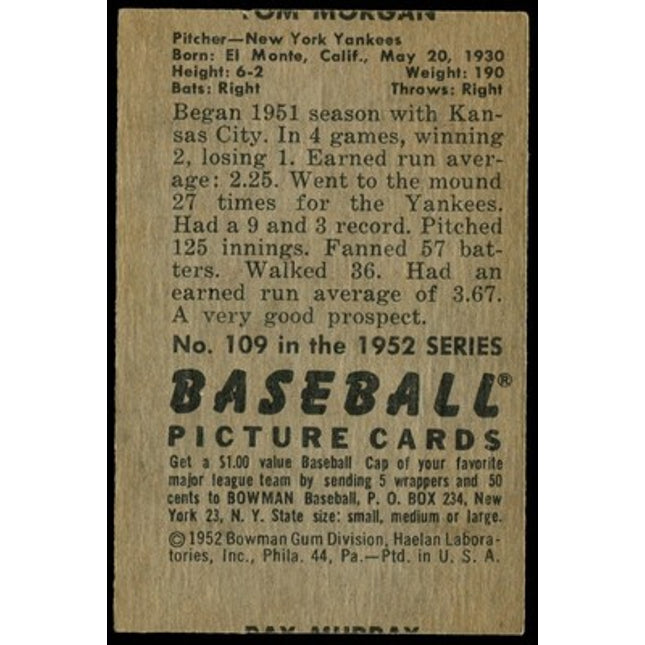 1952 Bowman Baseball #?? Tom Morgan EX++ back MC -15/115 T/B c02843